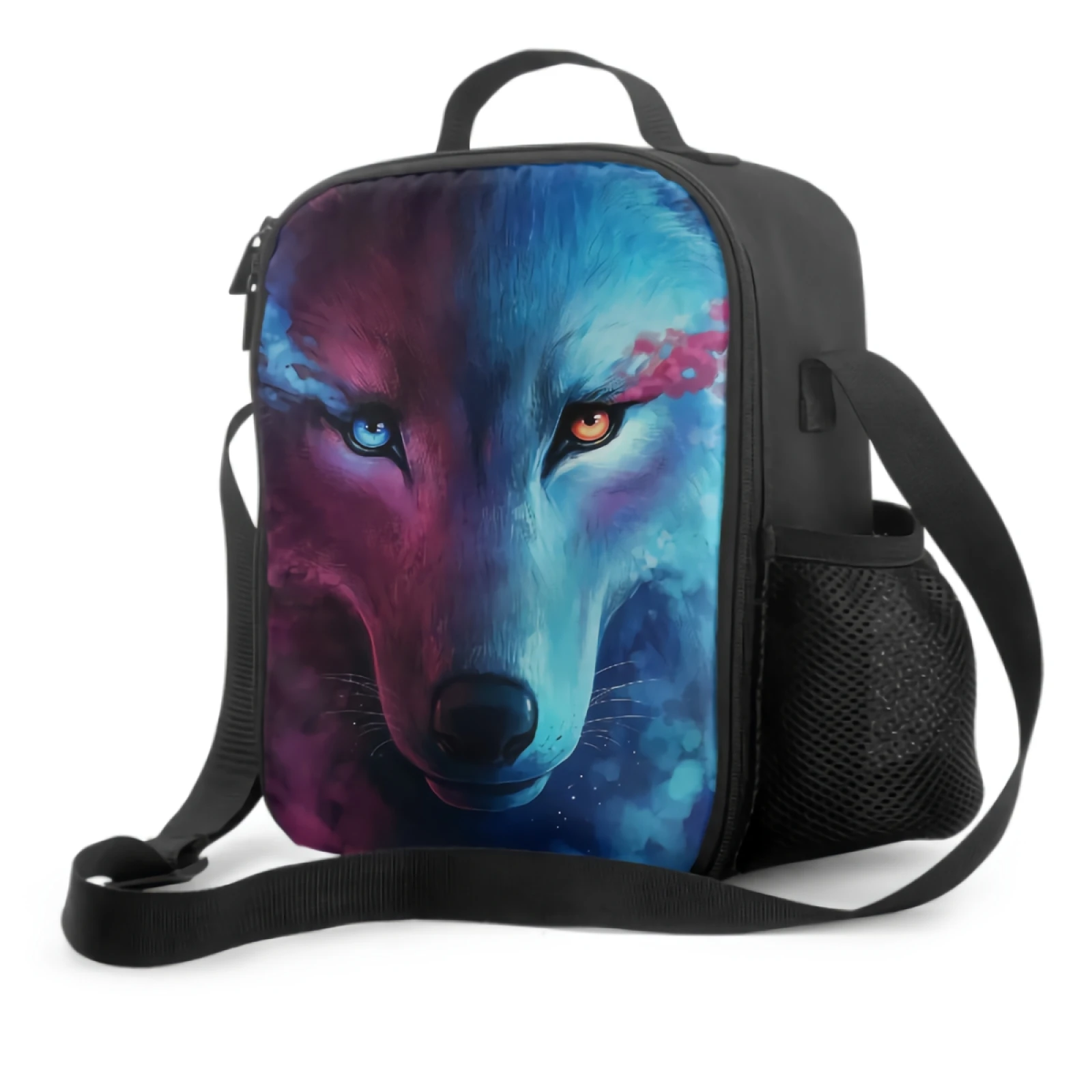 

Cute Wolf With Galaxy Sky Insulated Lunch Bag for School Work Office Picnic Magic Animal Head Face Tote Lunch Box Containers