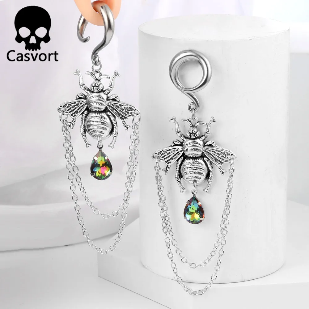 Casvort 2PCS Vintage Goldene Biene Ohr Gewicht Kleiderbügel Ohrringe Haken Baumeln Bahre Frauen Piercing Körper Schmuck Expander – Detail 6