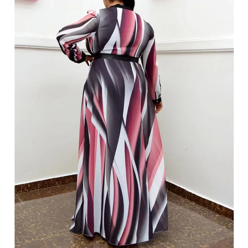 Spring Autumn Tie Dye Striped O-Neck Color Contrast Fashion Trend Sashes Long Sleeve Large Floor-Length Dresses Plus Size Female