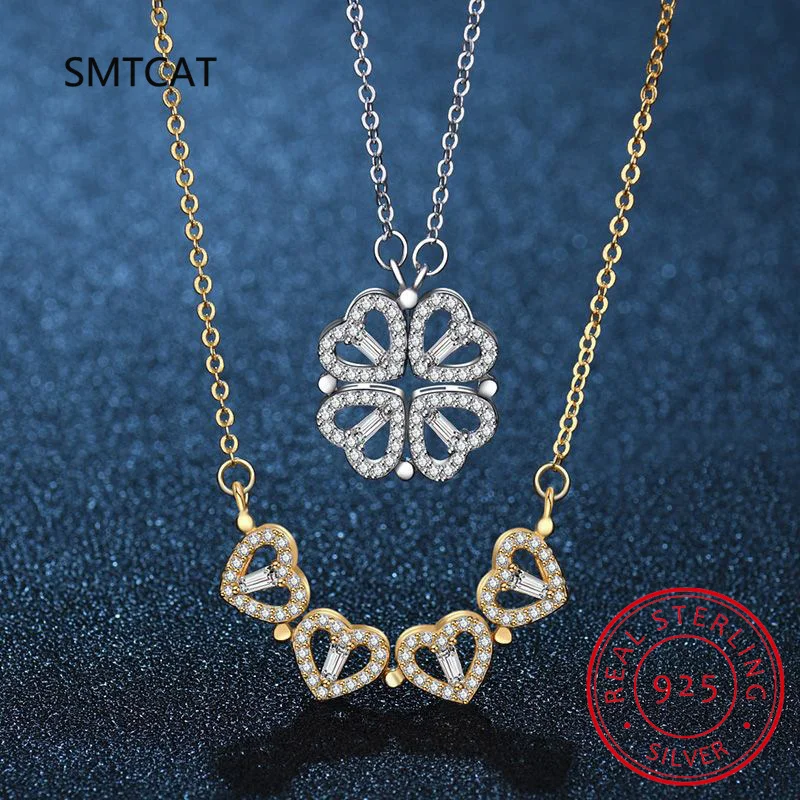 S925 Sterling Silver Four-leaf Clover Necklace Magnetic Heart Pendant Necklace for Women Love Clavicle Chain Jewelry Gift