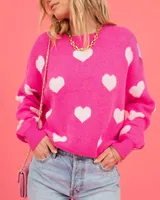Women's Hot Pink Oversized Knit Sweater Heart Pattern Crew Neck Long Sleeve Casual Pullover Fuzzy Heart Pattern Sweater