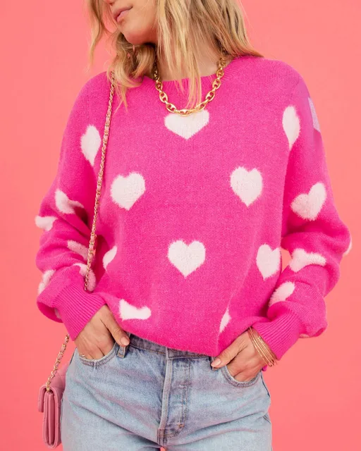 Women's Hot Pink Oversized Knit Sweater Heart Pattern Crew Neck Long Sleeve Casual Pullover Fuzzy Heart Pattern Sweater