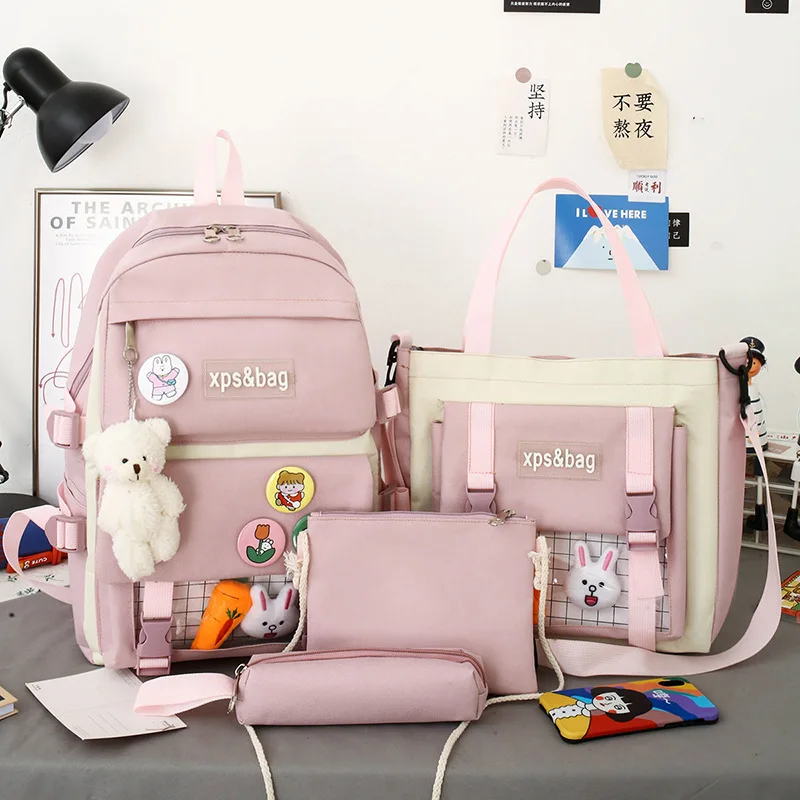 

4 Pcs Kawaii Canvas Schoolbag for Teenage Girls College Cute Backpack Purse Large Capacity Satchel Student Shopper Rucksack 2023