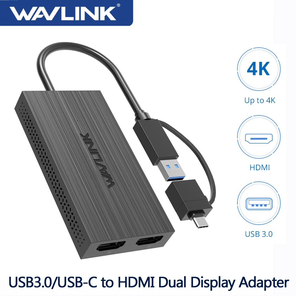 Wavlink USB C to HDMI-Adapter USB 3.0/Type C to Dual-HDMI Graphic Display  Converter Dual Monitor 4K@30Hz+1080P@60Hz For Laptop