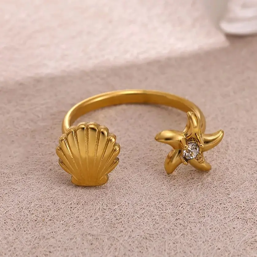Zircon Shell Starfish Rings for Women Gold Color Stainless Steel