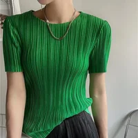 Femme vêtements haut femmes Miyake plissé à manches courtes femme été mince élastique col rond Joker mince plissé creux T-shirt 5