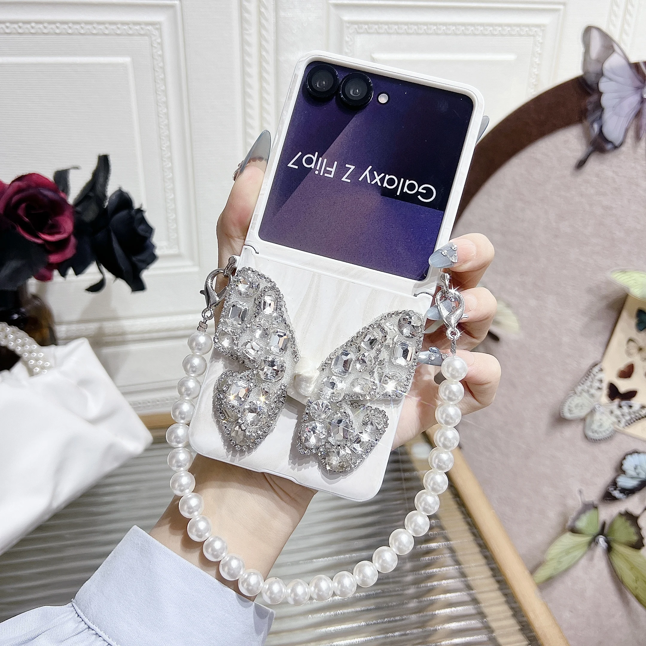 Luxury Glitter Phone Case with Bling Butterfly & Diamond Wrist Strap Cover