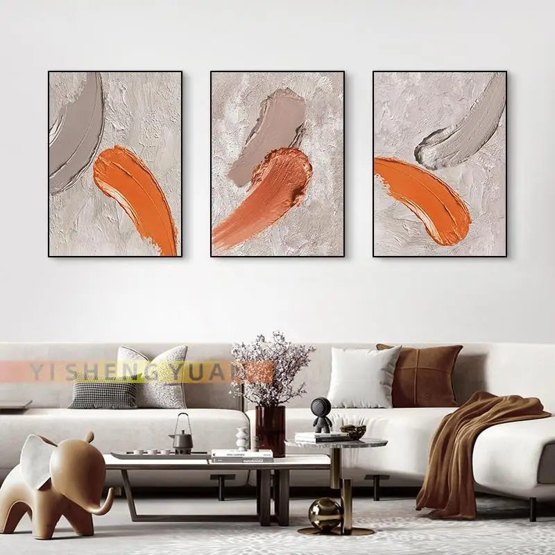 

3 Piece Hand Drawn Abstract Oil Painting Orange Gray Stereoscopic Texture Triptych Living Room Wall Art Decor Mural Frameless