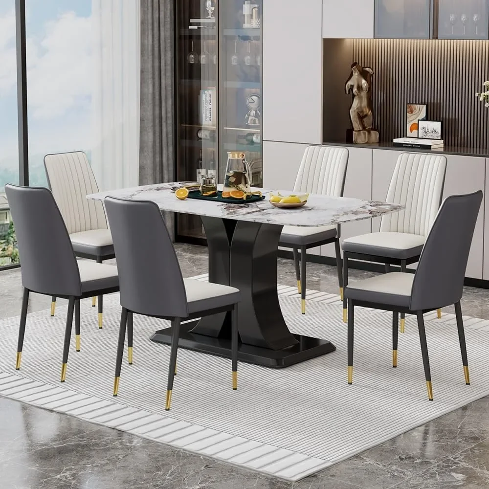 Dining Table Set for 6, Marble Kitchen Table Chair Set for 6, Rectangular Kitchen Table with 6 Pu Leather Upholstered Chair 6