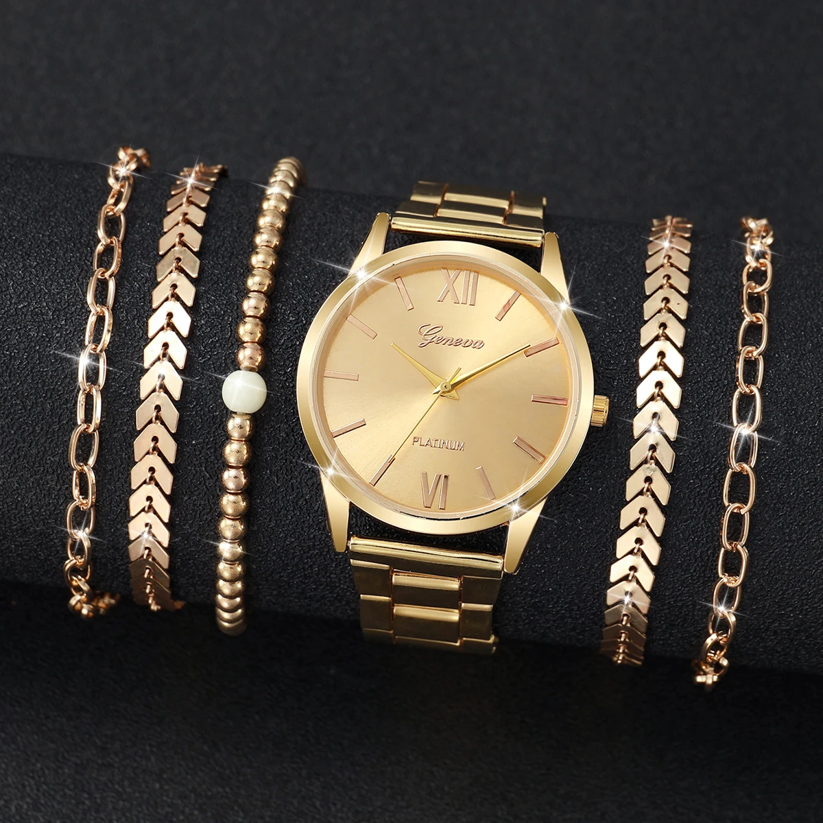 6PCS Women's Watch Fashion Gold Steel Band Quartz Watches Bracelets Set（Without Box） 3