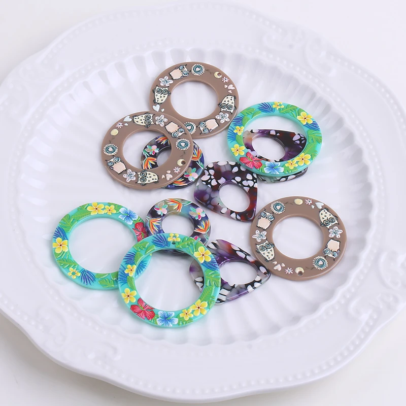 

10pcs Owl Flowers Print Acrylic Round Charms Pendant for DIY Jewelry Making Big Earring Necklace Key Chain Hair Accessories