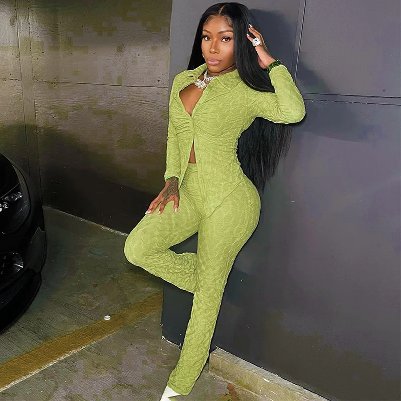 

2023 Fall Winter Jacquard Slim Two Piece Set Women Fashion Long Sleeve Single Breasted Shirts Top High Waist Straight Pants Suit