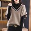 WTEMPO Women's Short Sleeve Knitted Vest Spring Fall Contrast V Neck Pullovers Jumper Loose Casual Ladies Gilet Sweater 1