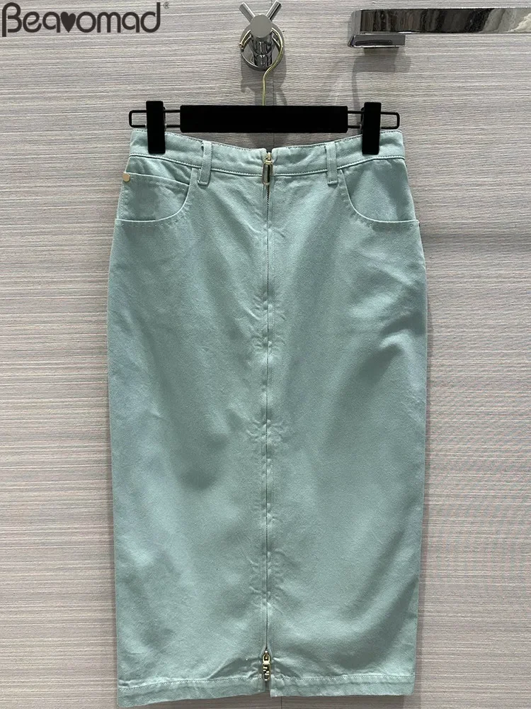 

Fashion Runway Summer Minty Color Cowboy Half Skirt Women's Sexy Low Waist Multi Pocket Buttock Covering Pencil Skirt