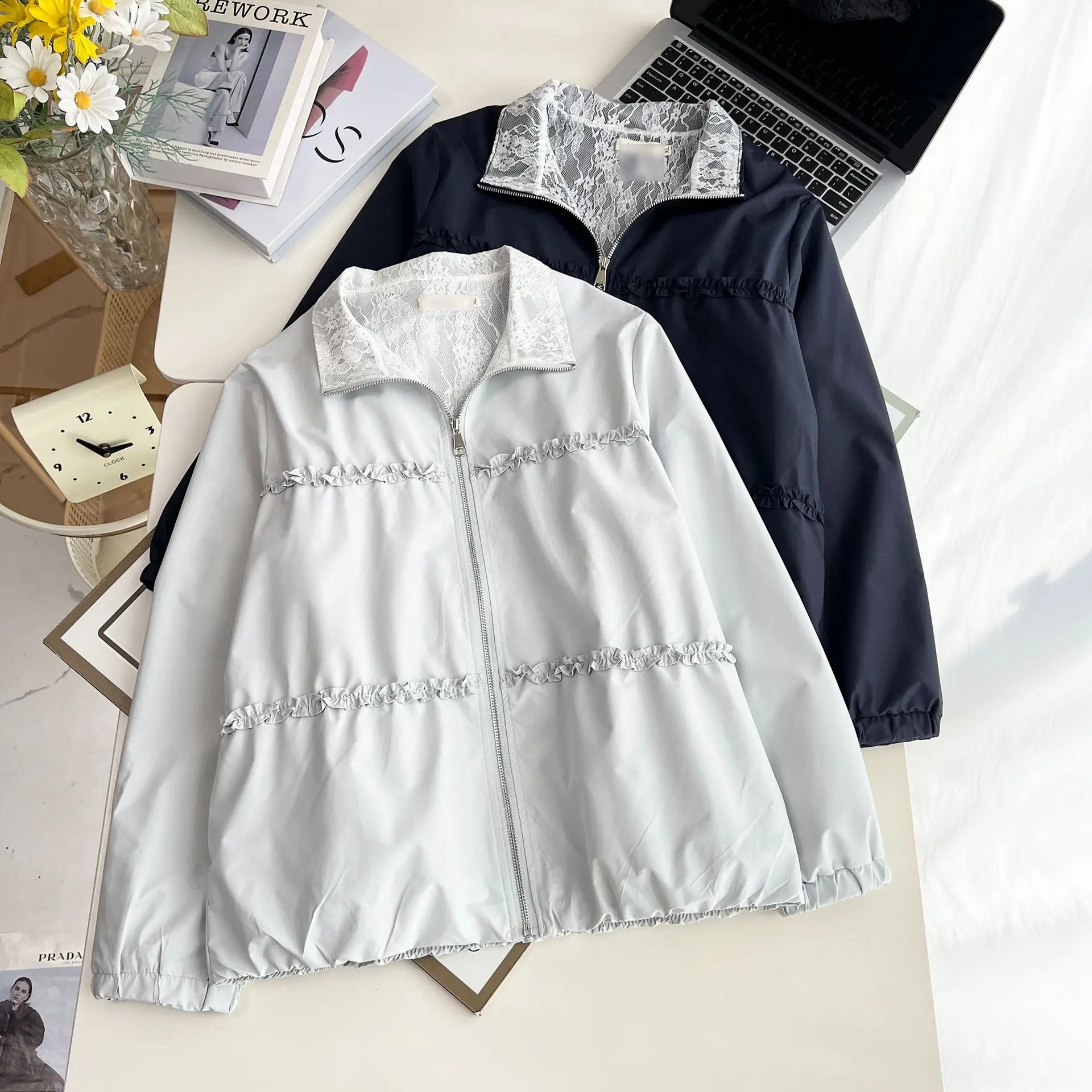 Plus Size Women's Jacket Autumn New Stylish Lace Lining Casual Zipper Coat 998