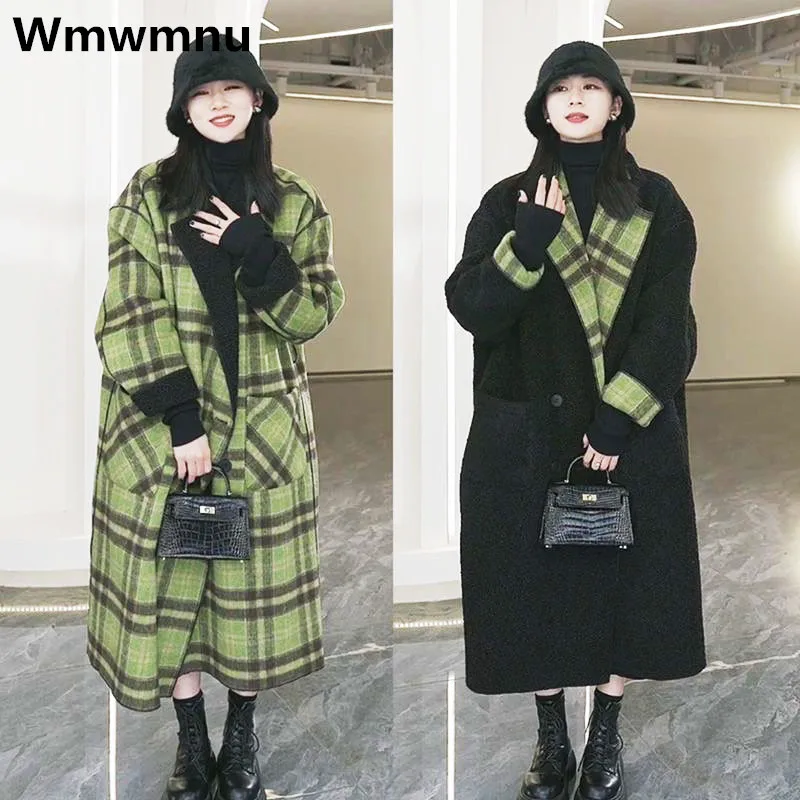 Winter Plaid Two Sided Lambswool Long Coats Women's Thicken Casual Plush Trench Jackets Warm Fashion Loose Plus Velvet Overcoat winter thicken plus