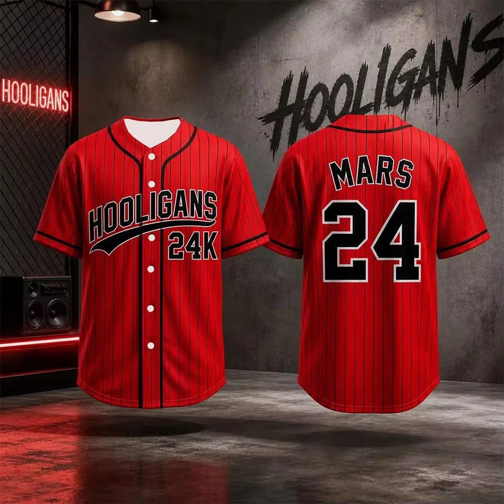 Unisex 2026 Bruno Mars 24K Hooligans Baseball Trikot Kurzarm Hip-Hop Streetwear Top für Fans Männer Frauen Kinder Erwachsene