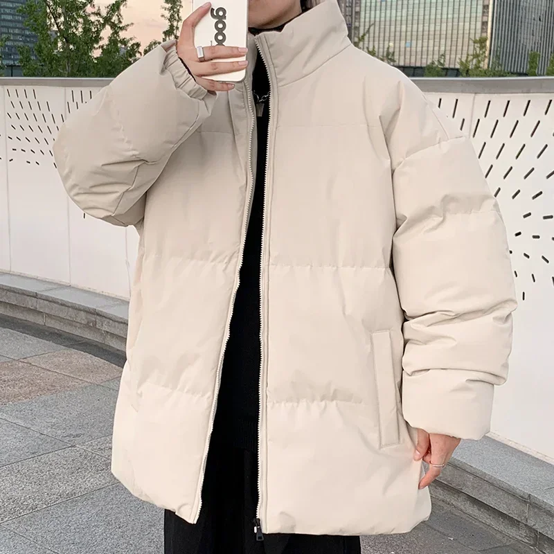 

Men Winter Thick Warm Zip Up Puffer Waterproof Coat Jacket New Unisex Casual Down Cotton Parkas Autumn Stand Collar Solid Color