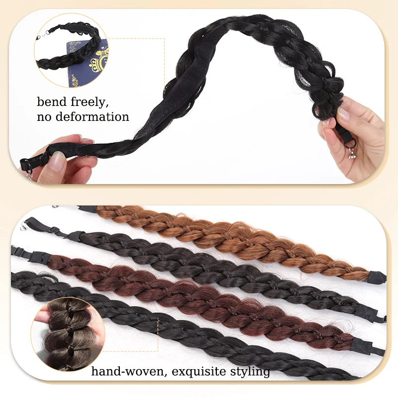 Synthetic Magnet-attached Braided Hairband Hairpiece Hand-woven Fishbone Headband with Velcro for Women Daily Use Hair Wig