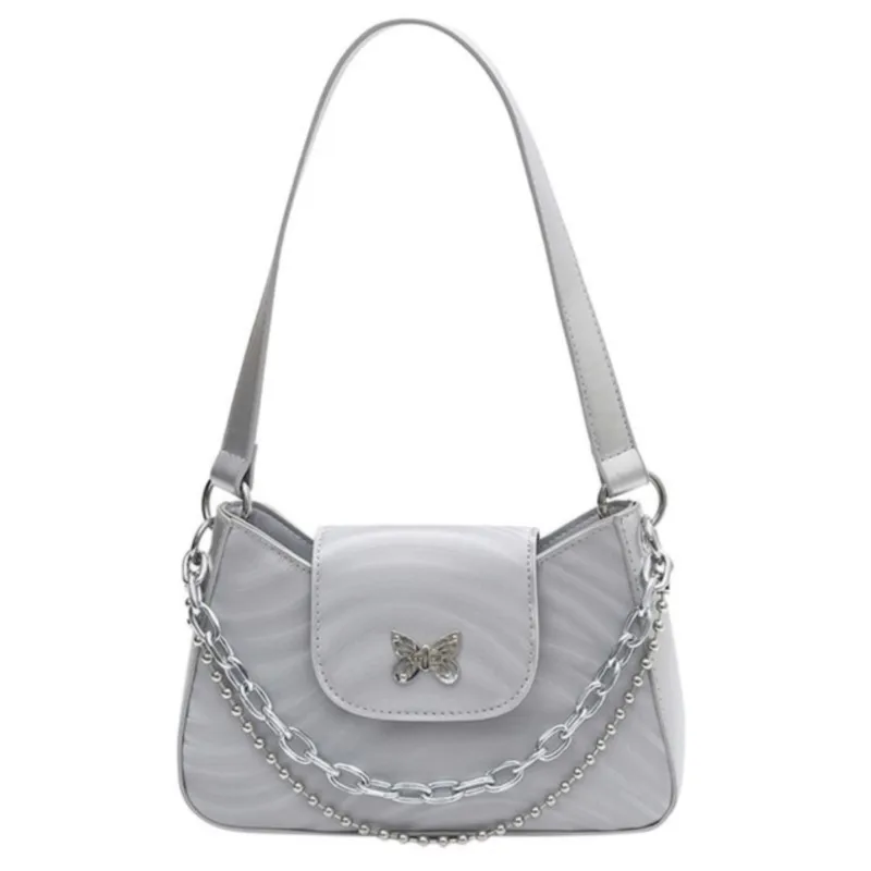 Silver Butterfly Design Shoulder Bag Women Chain Water Wave Leather Underarm Handbag Ladies Hot Girl Y2k Aesthetic Crossbody Bag
