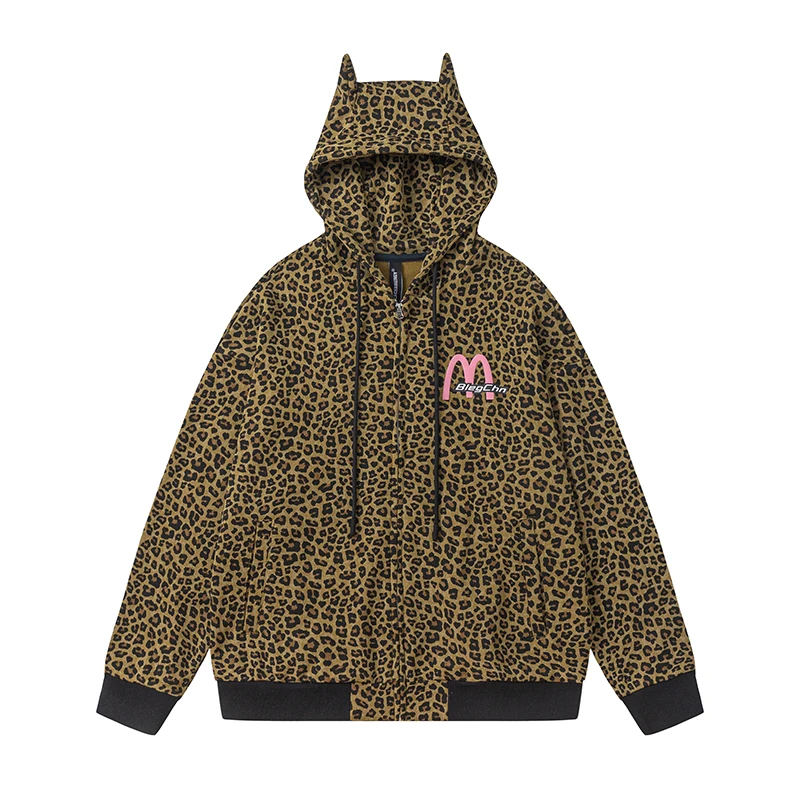 

Men Women Cartoon Ears Hooded Loose Casual Vintage Leopard Sweatshirts Jacket Unisex Spring Autumn Streetwear Hoodie Coat