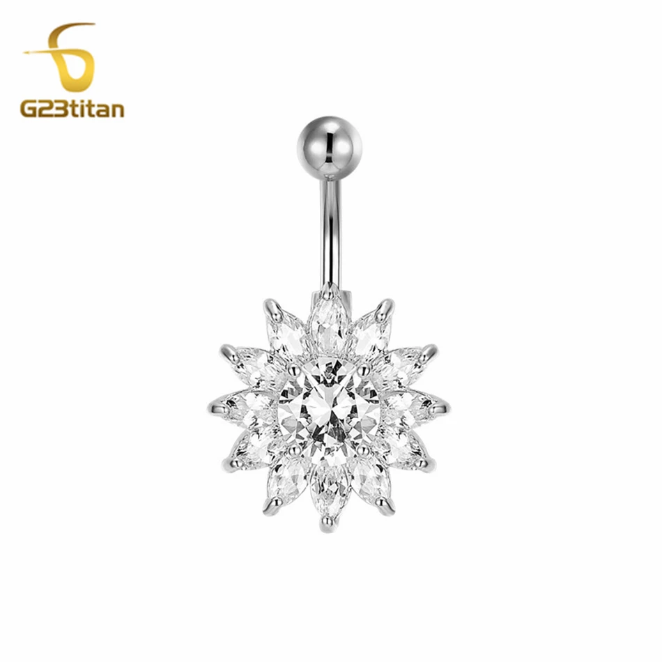 

Big Zircons Flower Navel Ring 14G 10mm Hypoallergenic Titanium Barbell Silver Color Belly Button Piercing Women Summer Jewelry