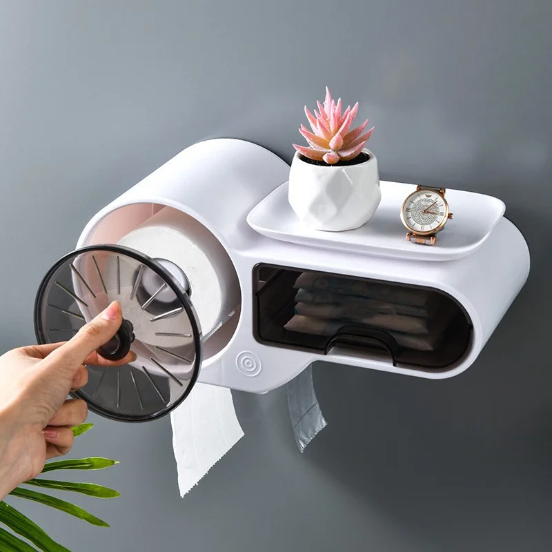 Self Adhesive Toilet Paper Holder Multifunction Bathroom Stand Wall Mount Toilet Paper Holder Phone Holder Storage Box