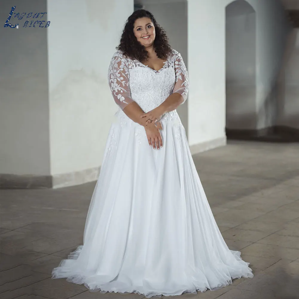 

LAYOUT NICEB Elegant V-Neck Plus Size Wedding Dress Classic Three Quarter Sleeve A-Line Bride Gowns Lace Applique Robe De Mariée