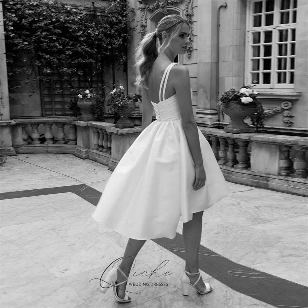 QICHE Modern Satin High/Low Short A-Line Wedding Dresses One-Shoulder Pleat Sleeveless Open Back Vestidos De Noiva Customized