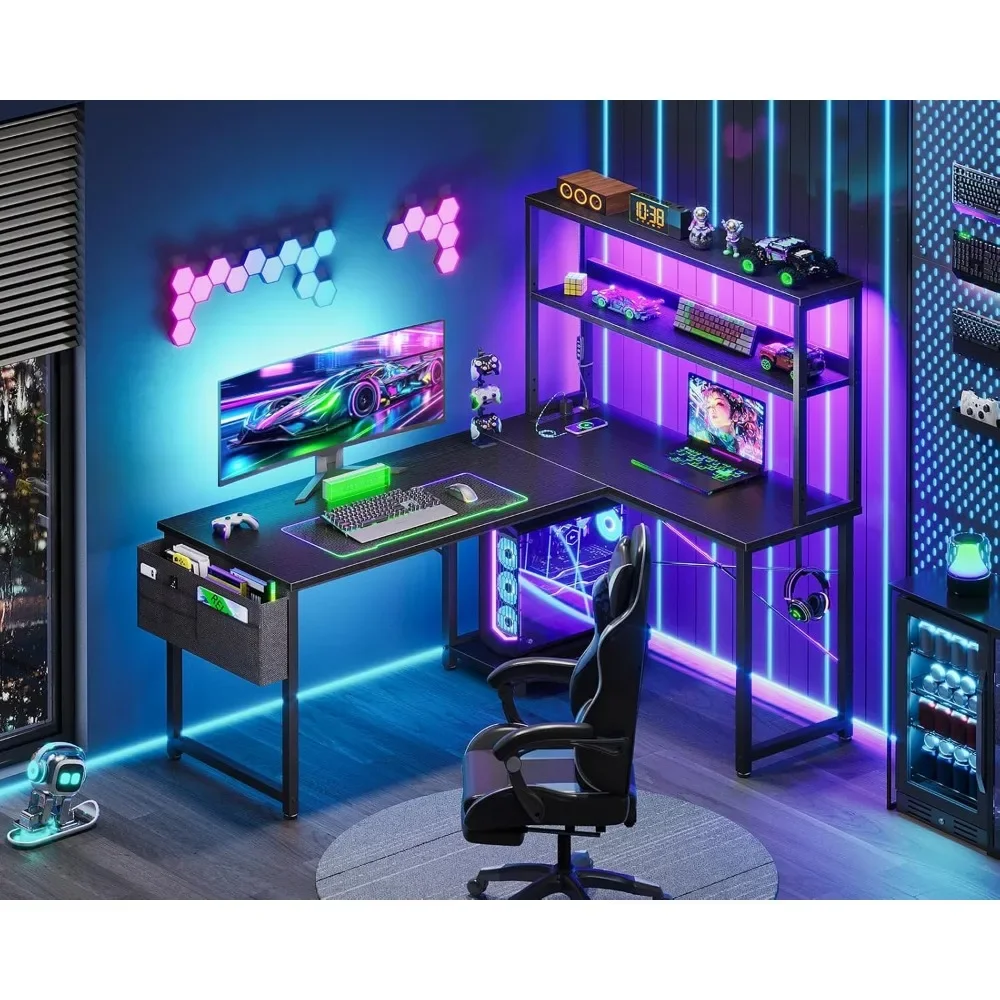 New2025-L Shaped Desk Gaming Desk with LED Light & Power Outlet, 43 Inch Reversible L Shaped Computer Table with Shelf, Corner D