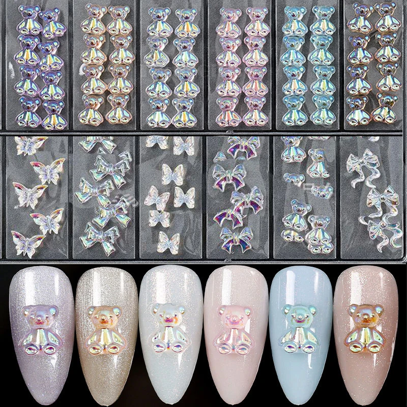 1 Pack 3D Aurora Bear Butterfly Nail Art Accessories Resin FlatBack White Flowers Acrylic Nails Glitter DIY Manicure Decoration