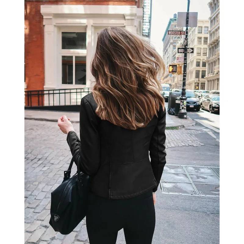 Abrigo de invierno para mujer, chaqueta de PU ajustada con cuello vuelto, abrigo estilo callejero, chaqueta lisa con cremallera, manga larga, cuero corto_voghion.com