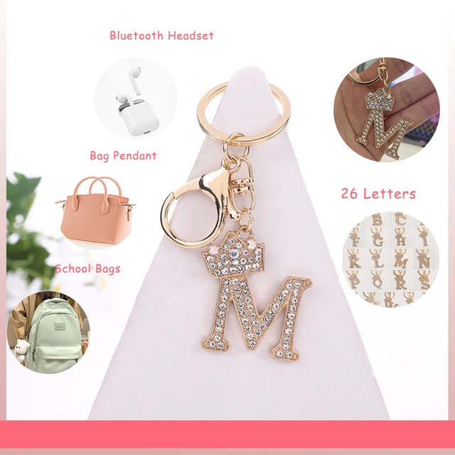 Shining crown Pompom Initial Keychain Letter A-Z Bag Charm Alphabet Pendant  with Key Ring