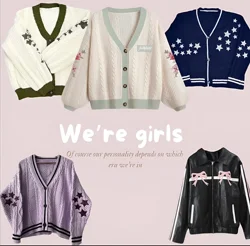 2XL Women Folklore Evermore Flower Embroidery Cardigan Oversized Star Knitted Purple Sweater Female Loose Fit Pink Cardigan