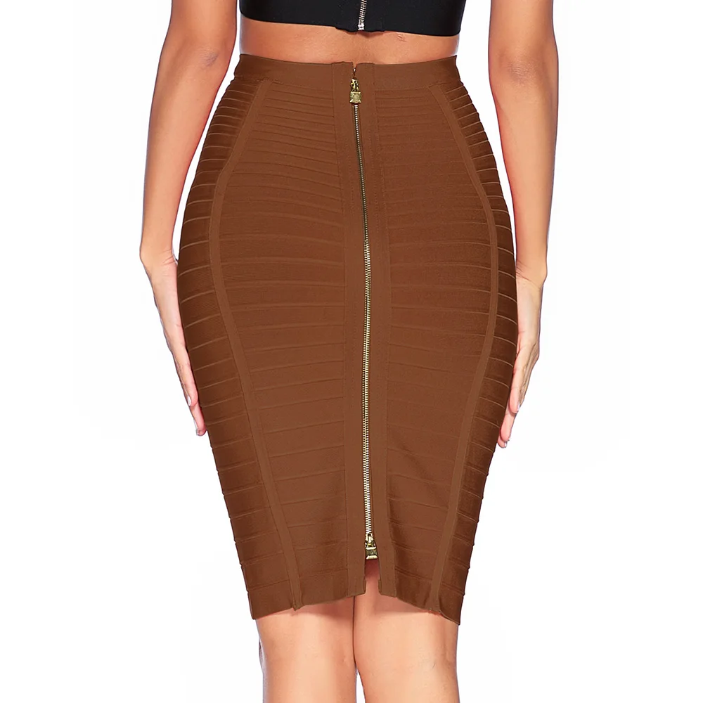 

HQBORY 2024 Sexy Gold Zipper Maxi Striped Bandage skirt Quality Chirstmas Knitted Skirts Fashion High Waist Skirt
