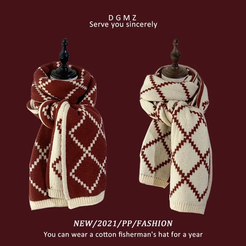 

Autumn new Christmas Warm knitted scarf woman Striped plaid elegant shawl Girl Holiday Party Casual preppy style Winter scarf