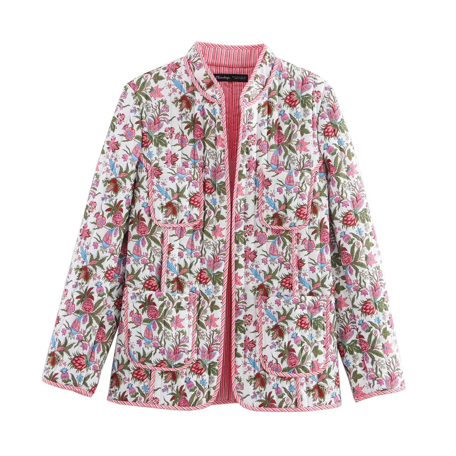 thumbnail image 1 of HH TRAF Chaqueta de algodón con cuello redondo y estampado floral para mujer, abrigo de manga larga con bolsillos cálidos para otoño, chaqueta tipo cárdigan decorada, top para mujer, 1 of 4
