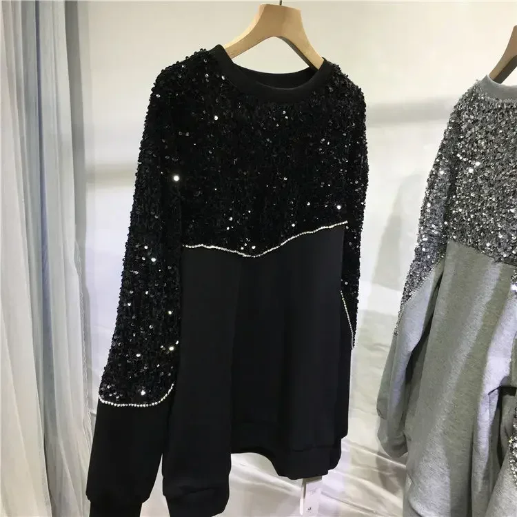 Women Sweater Hand-beaded Sequins Hoodies Pullovers O-Neck Long-sleeved Gray Sweatshirts Autumn Winter Outerwear Jumpers Tops