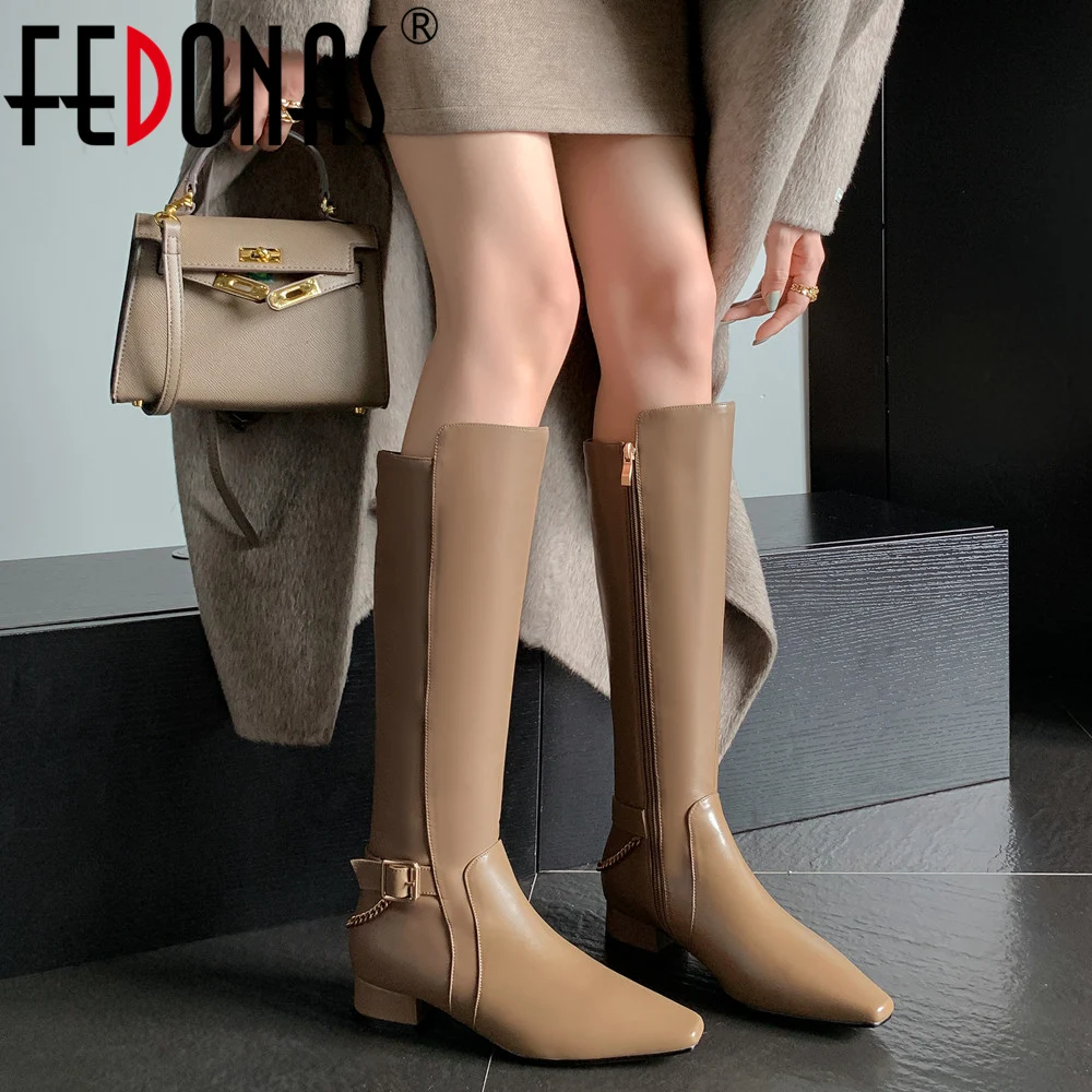 

FEDONAS Fashion Women Knee-High Boots Low Heels 2023 Autumn Winter Popular Chains Genuine Leather Shoes Woman Party Office Lady