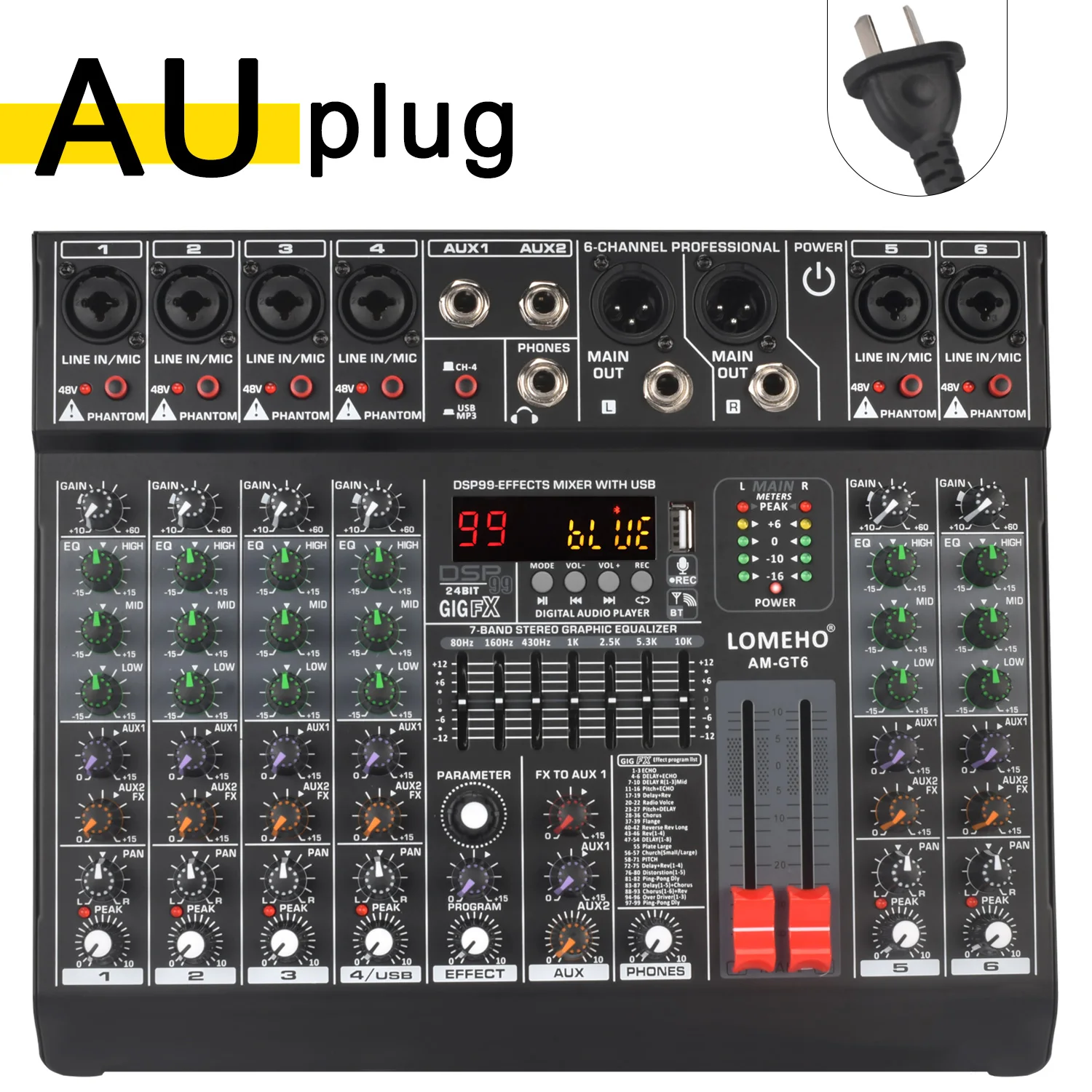 Lomeho 6 Channel Mixing Console Mono 99 Digital Effect USB Sound