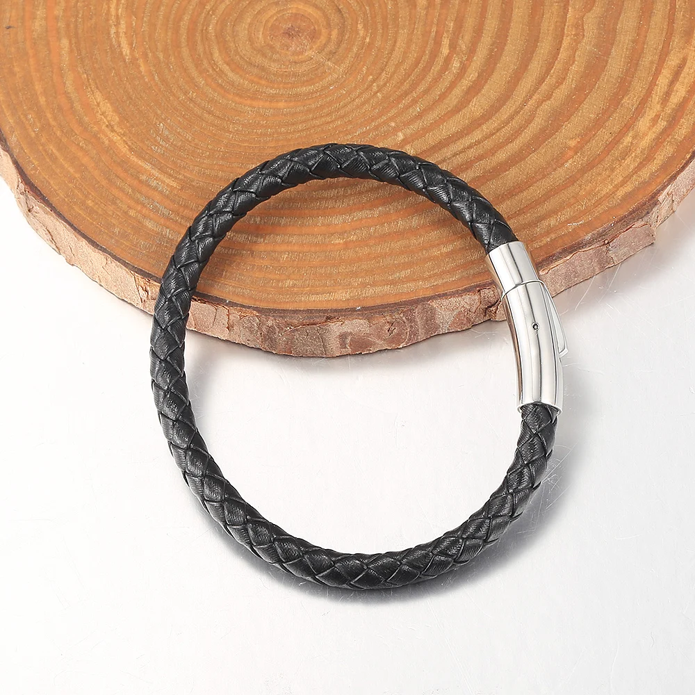 4mm 6mm Stainless Steel Clasp Simple Design Bangles Red Black Brown Men's Man-made Leather Bracelets LB775