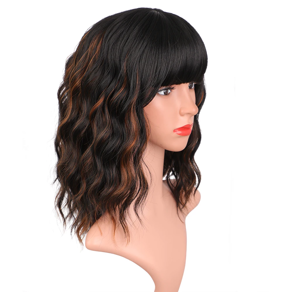 I's a wig Short Wavy Bob Wig with Bangs Wigs Shoulder Length Wigs for Black Women Synthetic Black Mixed Brown Wigs for Daily Use