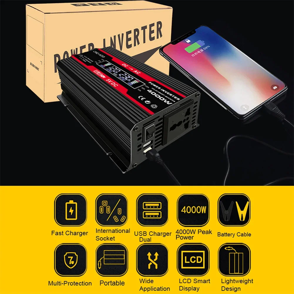 4000W Solar Power Inverter DC 12V to AC 110V/220V Pure Sine Wave Inverter Converter Solar Panel Dual USB Car Charge