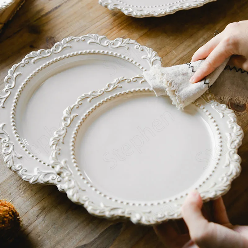 Plastic Dinner Plates French Baroque Vintage Relief Dinner Plate Nordic Vintage Solid Color Carving Craft Dishes and Plates Sets Household Kitchenware