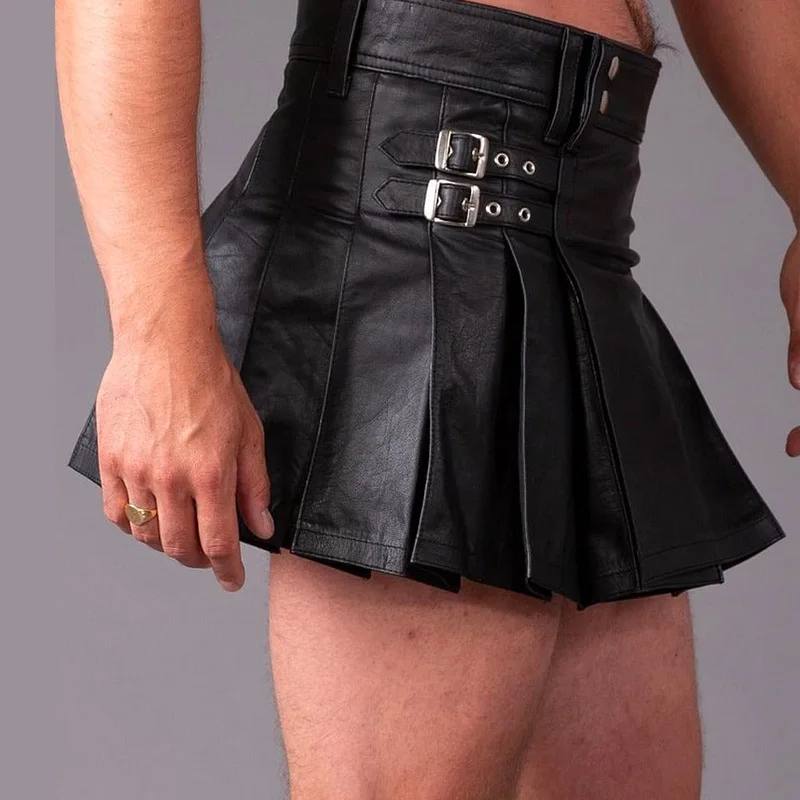 Men Sexy Stylish Skirt Faux Leather Pleated High Waist Mini Skirt Side Buckles