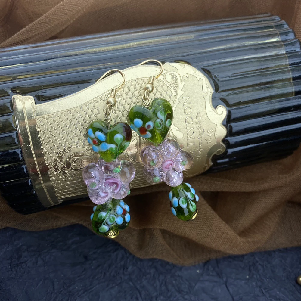 Fashion Temperament Vintage Green Pink Flower Glass Necklaces for women's girl gift Sweater chain party Jewelry accessories