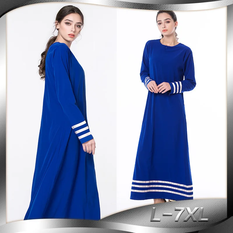 

Fashionable Holiday Worship Attire Abaya Blue Patchwork Long Sleeved Dress Large Muslim Vestidos Feminiinos