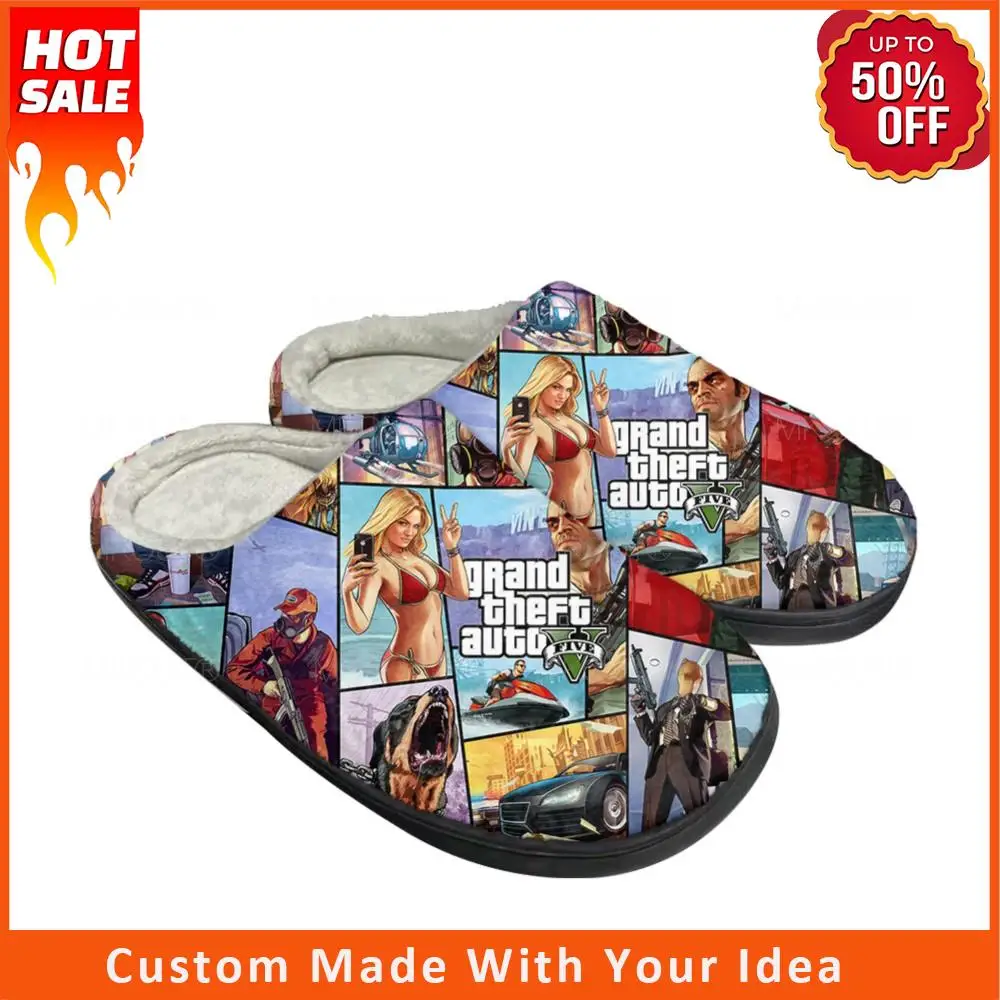 

Горячие мультфильмы GTA 5 домашние хлопковые тапочки на заказ Мужские Женские новейшие сандалии для спальни плюшевые теплые домашние Тапочки