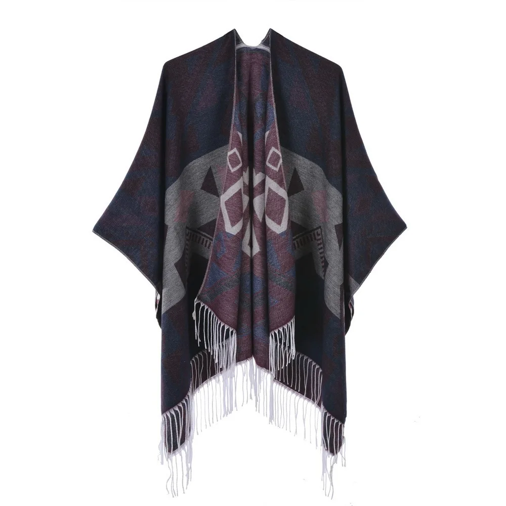 Autumn Winter Geometric Pattern Knitted Tassels Shawl  Women Warm Imitation Cashmere  Poncho Lady Capes Black Cloaks