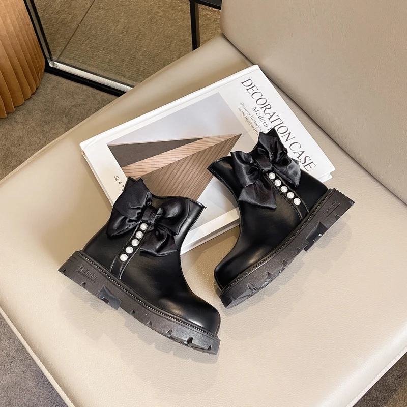 Fashion Kids Cotton Boots Winter New Girls Causal Boots for Princess Sweet Bowknot Wedding Party Children's Platform Ankle Boots